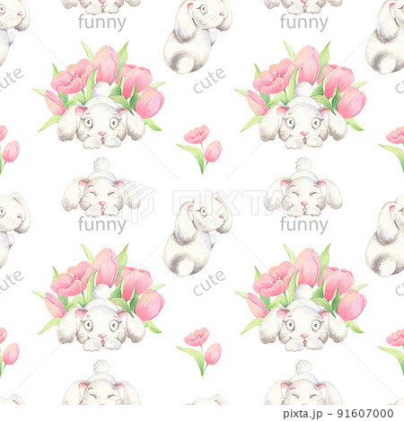 Cute seamless watercolor pattern with little rabbits tulips. Spring modern digital paper for kids in pastel colors, pink shades Cute seamless watercolor pattern with little rabbits tulips. Spring modern digital paper for kids in pastel colors, pink shades 91607000