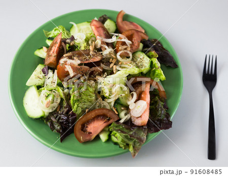 vegetable salad of greens, tomatoes and cucumbers on a green plate 91608485
