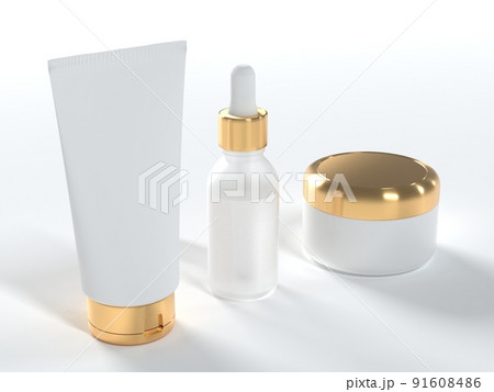 Cosmetic cream tube, jar with lid and serum bottle 3D render on white background, product packaging mock-up 91608486