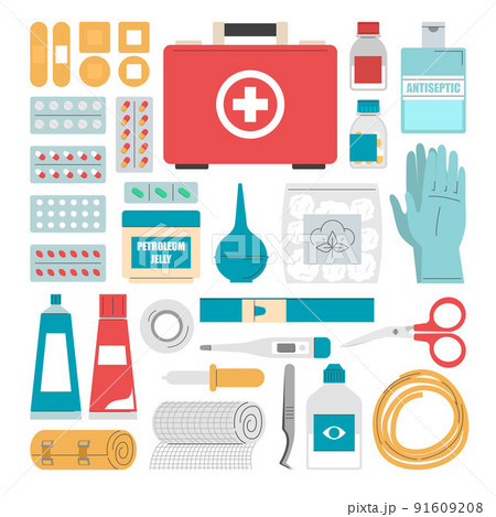 First aid kit set vector isolated. Medical tools 91609208