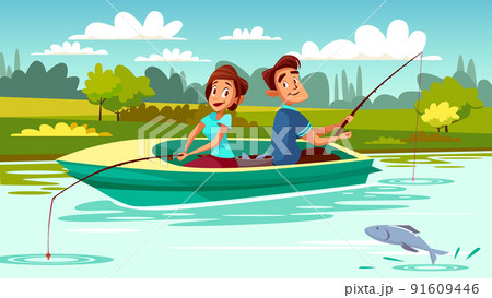 Couple fishing vector cartoon illustration 91609446