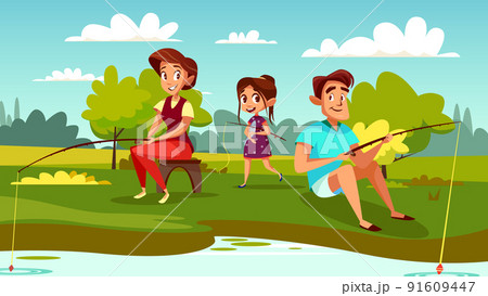 Family fishing vector cartoon illustration 91609447