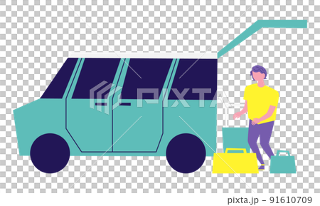 一個男人在汽車後備箱裡收拾行李的插圖 91610709