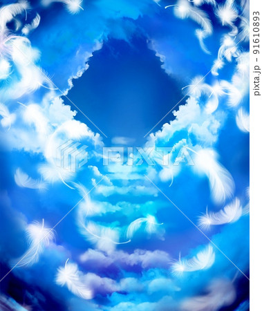 天国へと続く雲の階段と天の光が差し込み天使の白い羽が舞う幻想的な臨死体験イラスト 天国へと続く雲の階段と天の光が差し込み天使の白い羽が舞う幻想的な臨死体験イラスト 91610893