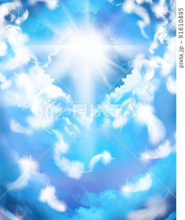 天国へと続く雲の階段と天の光が差し込み天使の白い羽が舞う幻想的な臨死体験イラスト 天国へと続く雲の階段と天の光が差し込み天使の白い羽が舞う幻想的な臨死体験イラスト 91610895