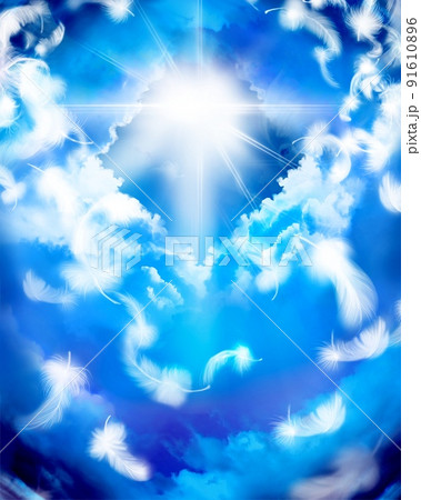 天国へと続く雲の階段と天の光が差し込み天使の白い羽が舞う幻想的な臨死体験イラスト 天国へと続く雲の階段と天の光が差し込み天使の白い羽が舞う幻想的な臨死体験イラスト 91610896