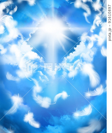 天国へと続く雲の階段と天の光が差し込み天使の白い羽が舞う幻想的な臨死体験イラスト 天国へと続く雲の階段と天の光が差し込み天使の白い羽が舞う幻想的な臨死体験イラスト 91610897