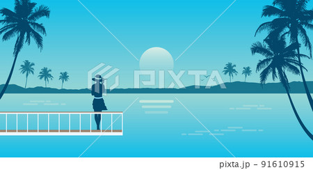 young woman on the bridge looks to the sea summer holiday background 91610915