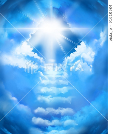 天国へと続く雲の階段と天の光が差し込む幻想的な臨死体験イラスト 天国へと続く雲の階段と天の光が差し込む幻想的な臨死体験イラスト 91610934