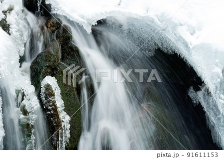 A small active waterfall. Clean mountain stream, snowy winter landscape, wildlife background A small active waterfall. Clean mountain stream, snowy winter landscape, wildlife background 91611153