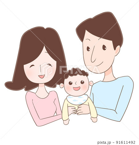 ママと赤ちゃんとパパのイラスト（茶色い線、お魚） 91611492