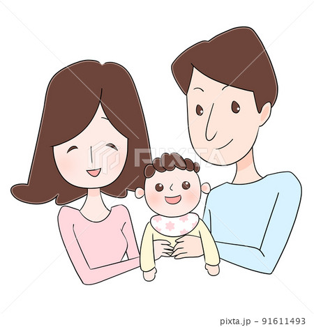ママと赤ちゃんとパパのイラスト（黒い線、お花） 91611493