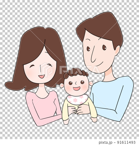 媽媽、寶寶和爸爸的插圖（黑線、花） 91611493