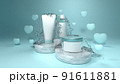 White cosmetic tube on the marble surface with hearts shapes and water splash, 3D Rendering 91611881