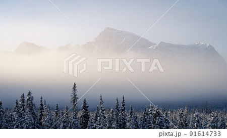 Big mountain emerging from fog during cold winter morning , Banff N. Park, Canada 91614733