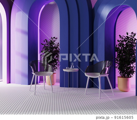 chairs and table in modern room with blue arches, pink neon light and white mosaic tiled floor, 3d render 91615605