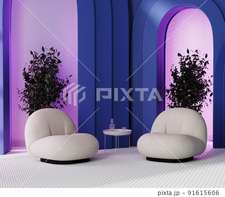Room with blue arches with pink light and mosaic tiled floor, armchairs with coffee table, 3d render 91615606