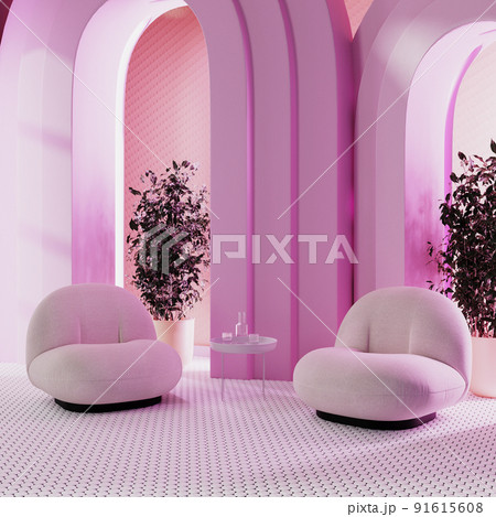 Pink room with neon lighh and arches with plant in pot, design chairs with coffee table with glasses with water, 3d rendering 91615608