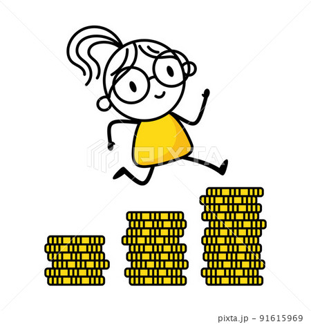 Woman jumping to golden stack coins for her financial independence. Financial planning for the future. Vector stock illustration 91615969