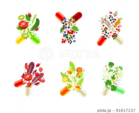 Vitamins and supplements set. Open capsules with vegetables, berries and herbs vector illustration Vitamins and supplements set. Open capsules with vegetables, berries and herbs vector illustration 91617237