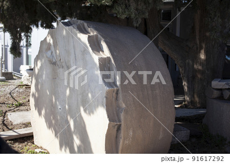view on parthenone athens from small real parts, reconstruction in process close up 91617292