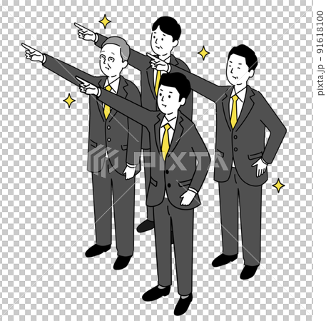 笑顔で指差すビジネスチーム、チームワークのイラスト、ベクター 91618100