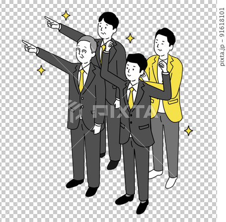 笑顔で指差すビジネスチーム、チームワークのイラスト、ベクター 笑顔で指差すビジネスチーム、チームワークのイラスト、ベクター 91618101
