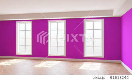 Empty Sunlit Interior Concept with Pink Walls, Three Large Windows, Light Glossy Herringbone Parquet Floor and a white Plinth. Beautiful Unfurnished Room. 3D rendering, Ultra HD 8K, 7680x4320, 300 dpi 91618246