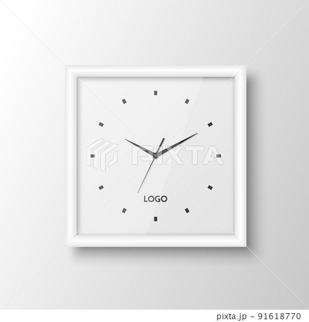 Vector 3d Realistic Square White Wall Office Clock Design Template Isolated on White. Dial with Roman Numerals. Mock-up of Wall Clock for Branding and Advertise Isolated. Clock Face Design 91618770