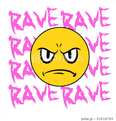 Yellow smile face on background of rave text. Poster for 90s techno party. 91618794