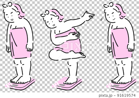 A fat woman riding a scale with a bath towel wrapped around her 91619574
