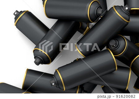 Lots of flying spray paint cans on white background. Spray bottle and dispenser Lots of flying spray paint cans on white background. Spray bottle and dispenser 91620082