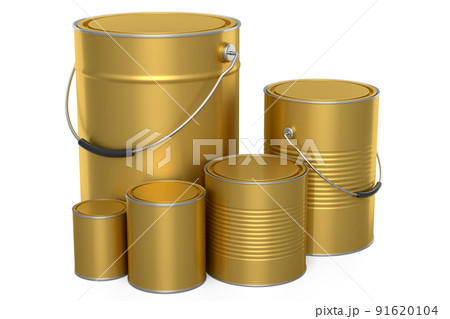 Set of metal can or buckets of paint in row pattern on white background. Set of metal can or buckets of paint in row pattern on white background. 91620104