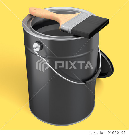 Open metal can or buckets with paint bristle brush on yellow background. 91620105