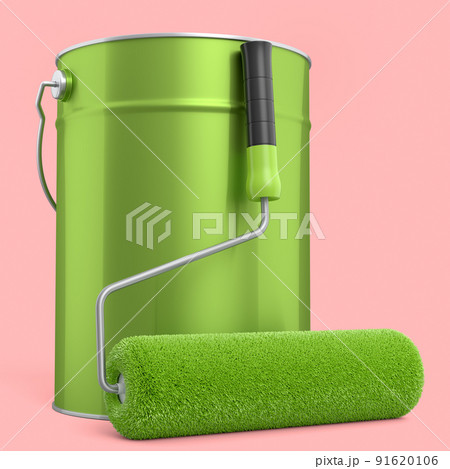 Open metal can with paint roller for painting walls on pink background. Open metal can with paint roller for painting walls on pink background. 91620106