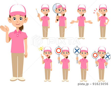 ピンク色の半袖のポロシャツ姿で帽子をかぶった女性スタッフ　9種類の表情とポーズ2 91623056