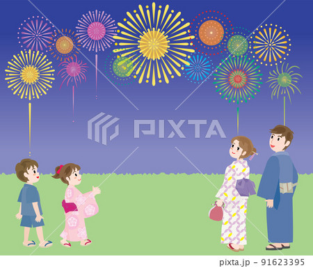 打ち上げ花火と家族のイラスト 打ち上げ花火と家族のイラスト 91623395