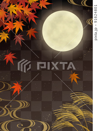 月見とススキと紅葉和柄黒縦 91624801