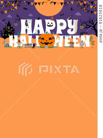 ハロウィン・ハロウィーン カボチャの家と仮装した子供たち 縦長ポスターサイズ テンプレートイラスト 91625618