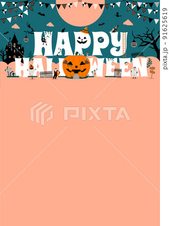 ハロウィン・ハロウィーン カボチャの家と仮装した子供たち 縦長ポスターサイズ テンプレートイラスト 91625619