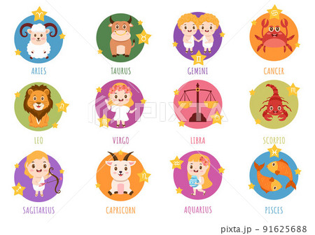 Zodiac Wheel Astrological Sign with Symbol Twelve Astrology Names, Horoscopes or Constellations in Flat Cartoon Character Vector Illustration Zodiac Wheel Astrological Sign with Symbol Twelve Astrology Names, Horoscopes or Constellations in Flat Cartoon Character Vector Illustration 91625688