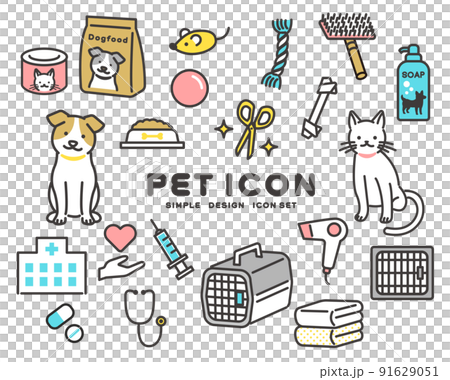 Simple and cute dogs and cats and toys and vector illustrations of icon sets for animal hospitals / pets / birds 91629051