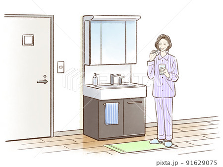 歯磨きするパジャマの中年女性 歯磨きするパジャマの中年女性 91629075