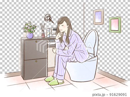 トイレで悩むパジャマの若い女性 トイレで悩むパジャマの若い女性 91629091