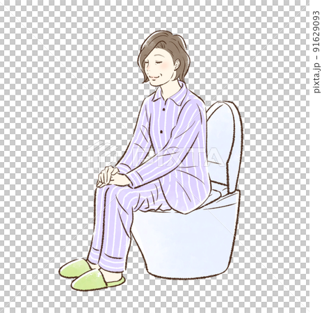 笑顔でトイレに入るパジャマの中年女性＿背景なし 91629093
