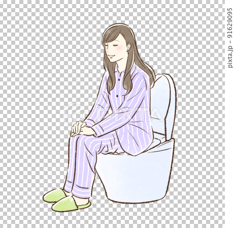 笑顔でトイレに入るパジャマの若い女性_背景なし 笑顔でトイレに入るパジャマの若い女性_背景なし 91629095