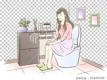 笑顔でトイレに入る普段着の若い女性 91629100