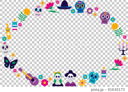 メキシコの死者の日のイラストの楕円形フレーム 91630173