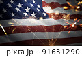 American flag waving with fireworks celebrating 4th of July 91631290