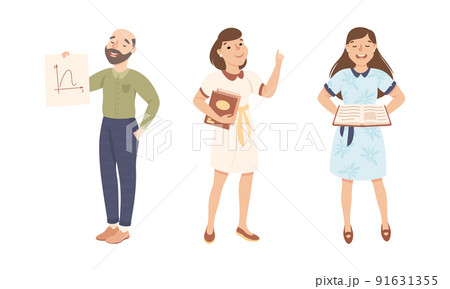 Man and Woman School Teacher or Educator Standing with Book and Graph Vector Set 91631355